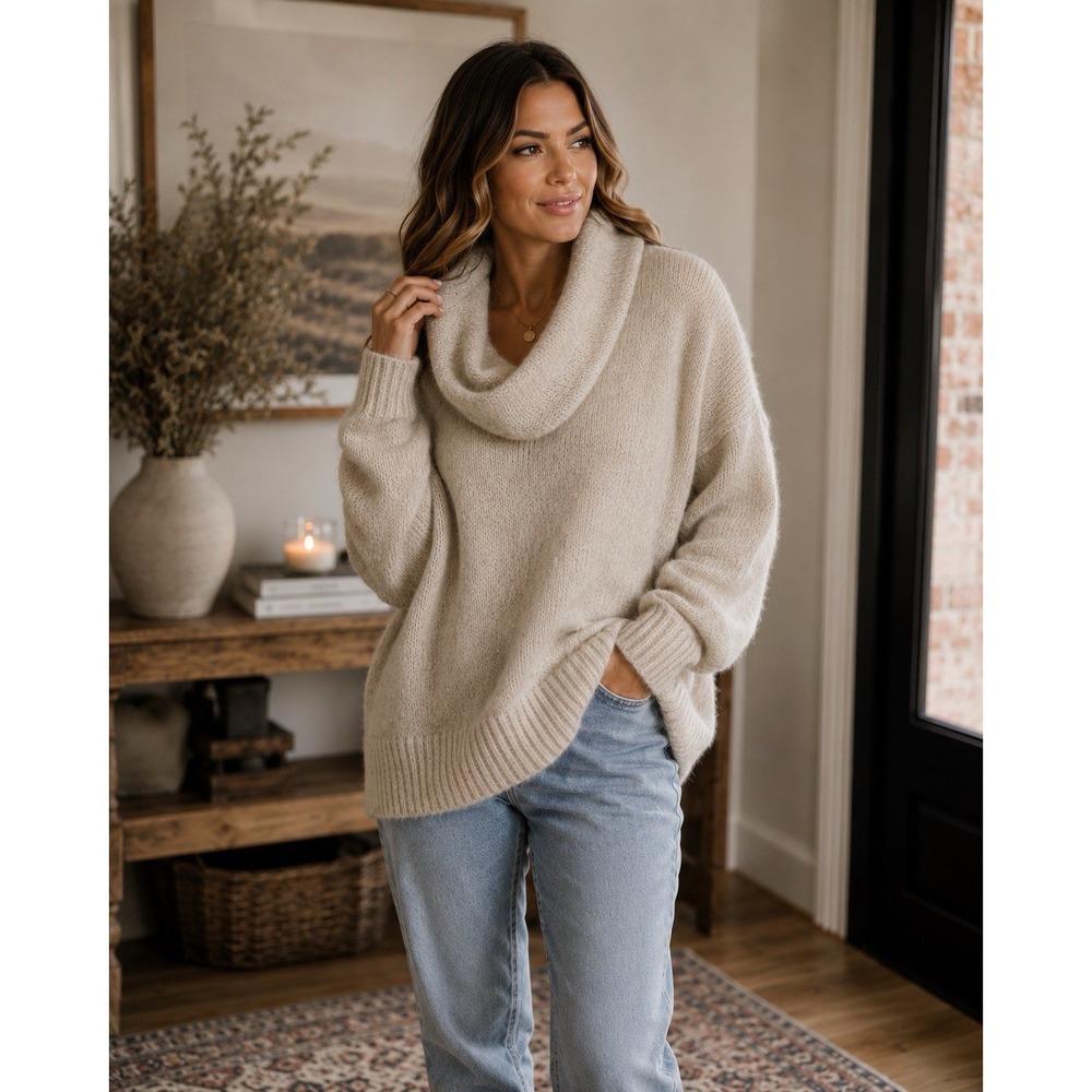 H&M Womens XXL Alpaca Blend Cowl Neck Sweater Beige Long Sleeve Oversized Knit